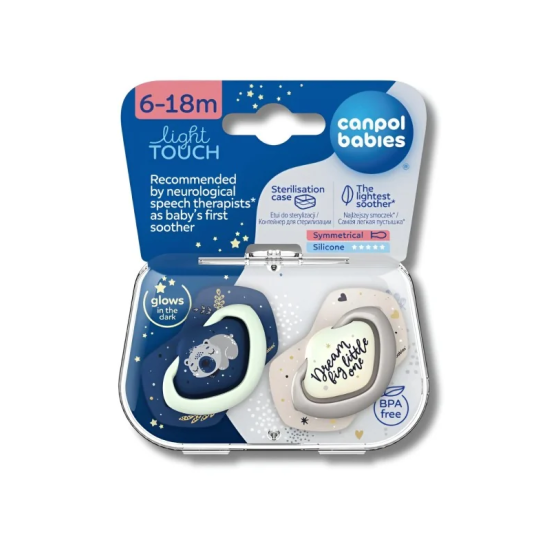 CANPOL BABIES - LOT DE 2 SUCETTES LIGHT TOUCH 6-18MOIS SYMÉTRIQUE BRILLE DANS LE NOIR SLEEPY KOALA BLEU 22/659