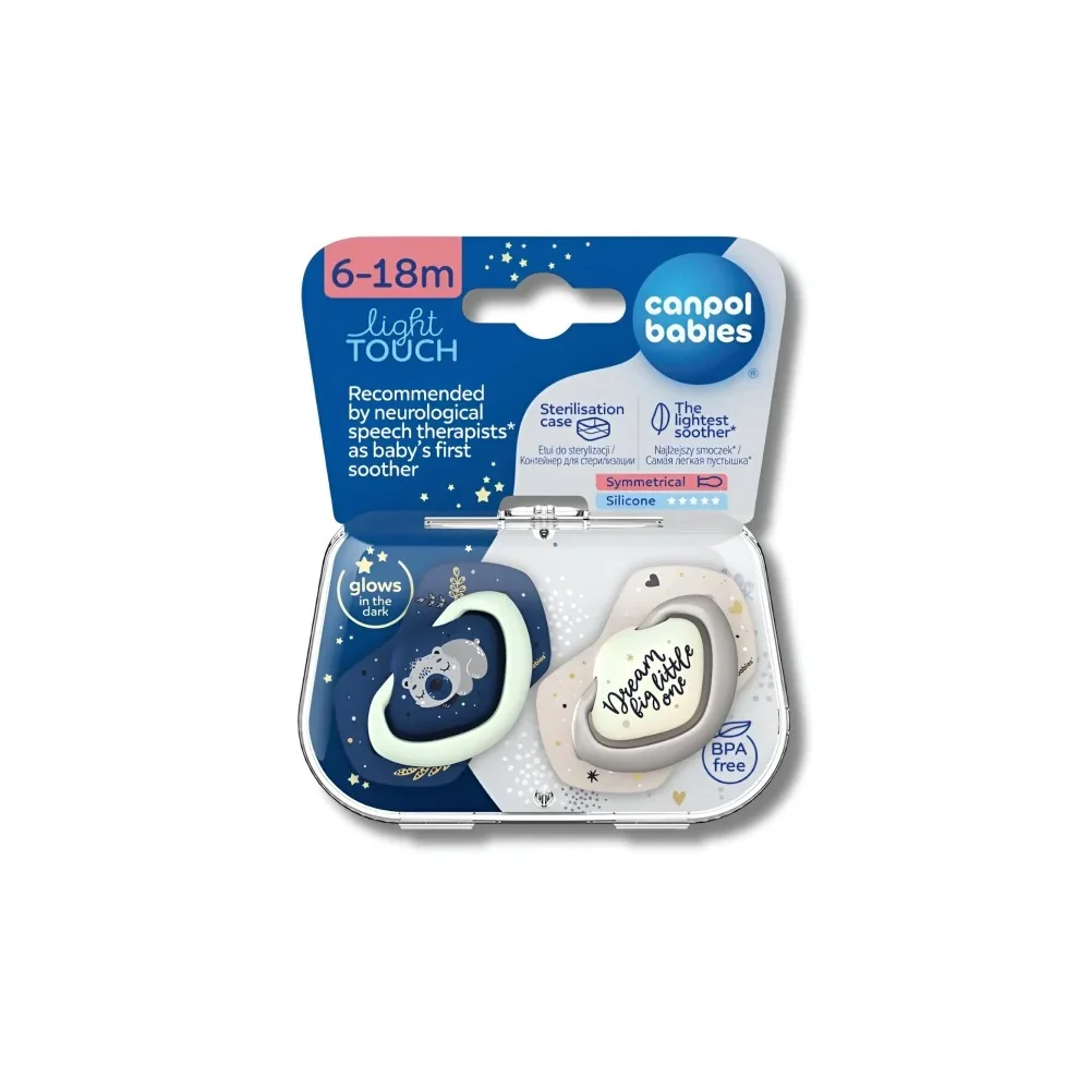CANPOL BABIES - LOT DE 2 SUCETTES LIGHT TOUCH 6-18MOIS SYMÉTRIQUE BRILLE DANS LE NOIR SLEEPY KOALA BLEU 22/659