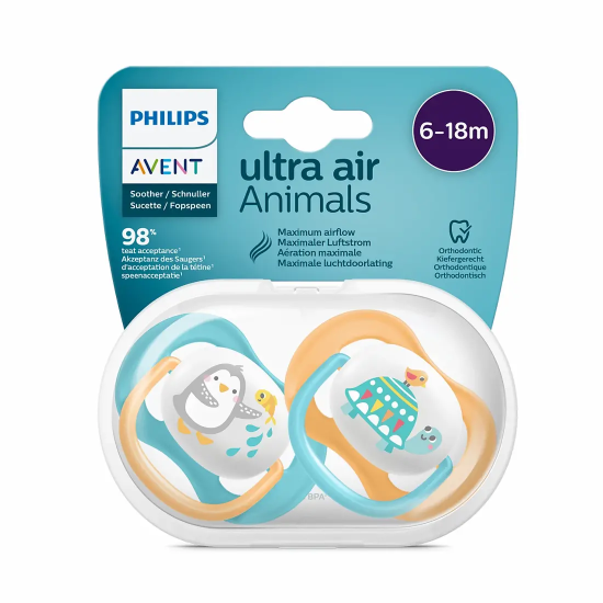 AVENT - LOT DE 2 SUCETTES ULTRA AIR ANIMALS 6-18MOIS